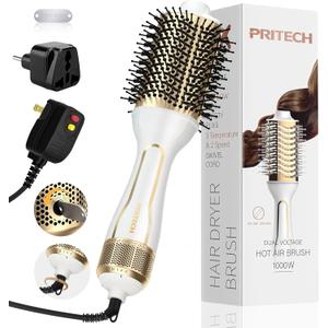PRITECH 1000W Dual Voltage Ceramic Ionic Hair Dryer Brush,4-in-1 Hot Air Styler & One Step Volumizer for Straight & Curly Hair Salon (110-120V/220-240V),Platinum