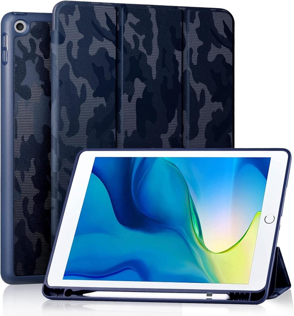 Akkerds Case Compatible with iPad 10.2 Inch 2021/2020/2019, for iPad 9th/8th/7th Generation Case with Pencil Holder, Protective Case with Soft TPU Back, Auto Sleep/Wake Cover, CamouflageBlue