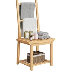 HOOBRO Shower Bench with Shelf & Towel Rack, Waterproof Shower Stool for Inside Shower, Bath Seat with Storage Shelf, Non-Slip Bath Bench Suitable for Seniors, Disabled and Pregnant, Natural YL101CJ01