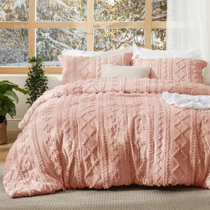 Bedsure Tufted Boho Comforter Set Queen Size - Light Pink Boho Bed Set, GentleSoft 3 Pieces Farmhouse Shabby Chic Embroidery Bedding, Gifts for Woman, Soft Jacquard Queen Comforter for All Seasons