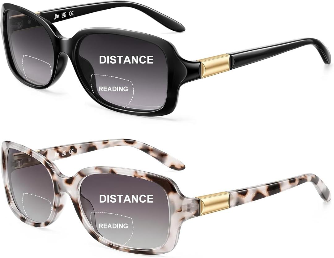 JM 2 Pack Classic Bifocal Reading Glasses Rectangular Stylish Sunglasses Readers for Women +1.75 All Black&Grey Tortoise