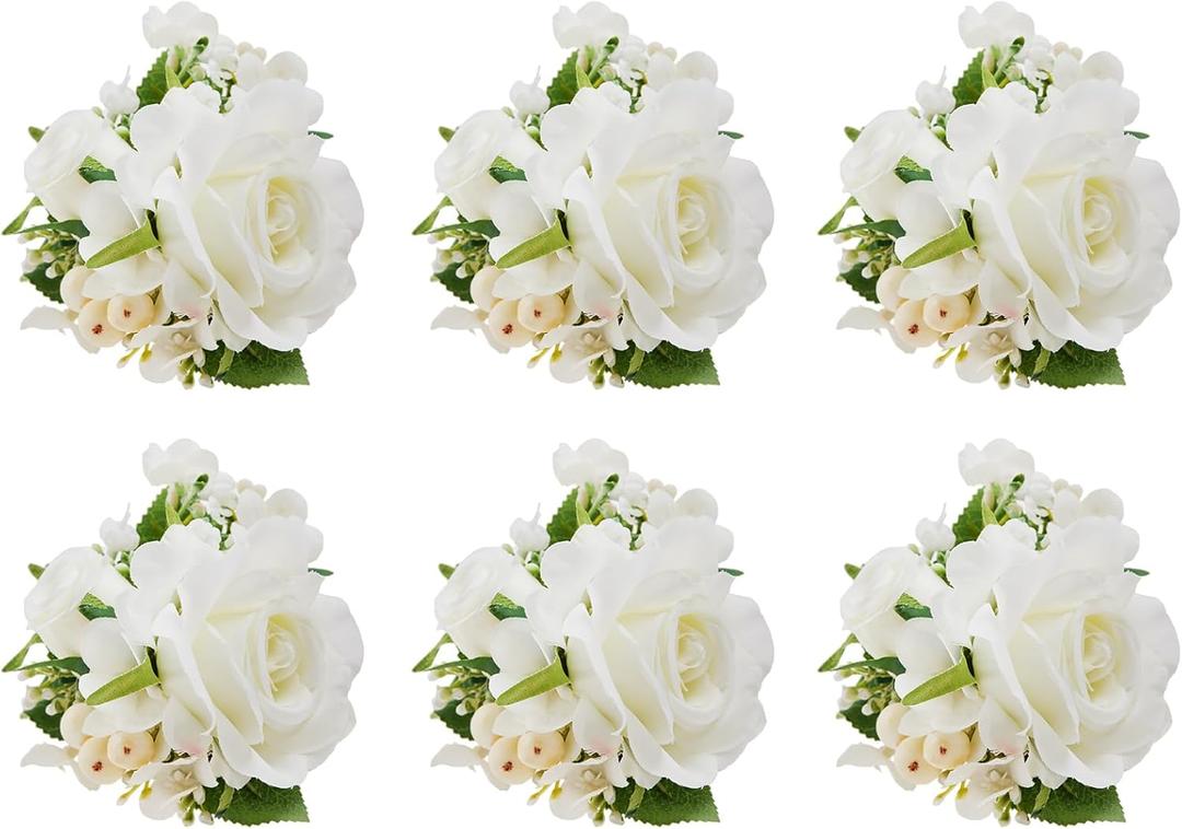 Meldel Pocket Boutonniere for Men, Set of 6, Groom Groomsman Boutonnieres for Wedding Prom Suit Accessories, Artificial White Rose Corsage for Party Ceremony Anniversary Graduation Flowers