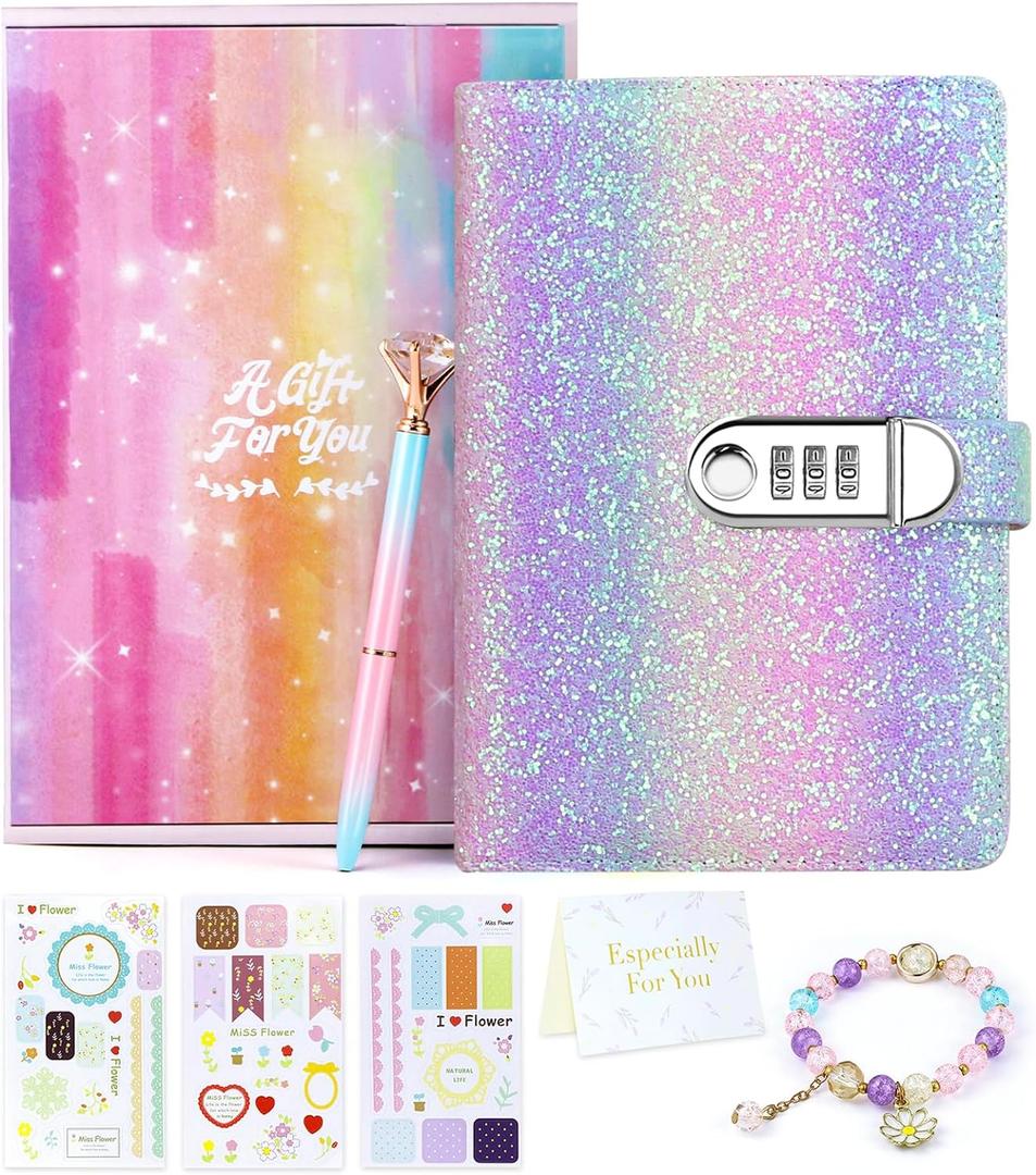 Diary with Lock for Girls, Birthday Gifts for 8 9 10 11 12 Year Old Girls, Kids Journal with Lock and Pen, Password Journal Notebook Kit for Girls, 200 Pages Secrect Diary (Rainbow Purple)