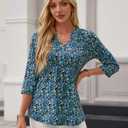 Uhiger 3/4 Sleeve T Shirts for Women V Neck Tunic Tops to Wear with Leggings Dressy Tops for Women Night out Fancy Evening Blouses Business Casual Office Attire Peasant Work Clothes Blue Floral XL