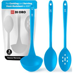 DI ORO Silicone Ladle & Spoons for Cooking  Large Kitchen Spoons for Mixing, Serving, & Stirring - Soup Ladle with Wide Bowl - High Heat Silicone Kitchen Utensils for Nonstick Cookware Safe (Blue)