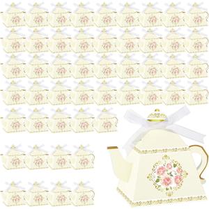 Fuutreo 50 Pcs Spring Tea Party Favor Boxes Tea Party Decorations Vintage Floral Teapot Box Flower Teapot Candy Gift Case for Women Garden Wedding Bridal Shower Birthday(Light Yellow)