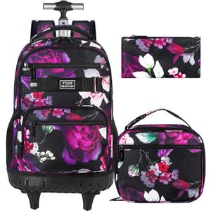 3Pcs Rolling Backpack for Girls Women, Travel Roller Backpacks with Wheels for Adults, Teens College Rose Wheeled Bookbag with Lunch Box (Black) 3Pcs Rolling Backpack for Girls Women, Travel Roller Backpacks with Wheels for Adults, Teens College Rose Wheeled Bookbag with Lunch Box (Black)