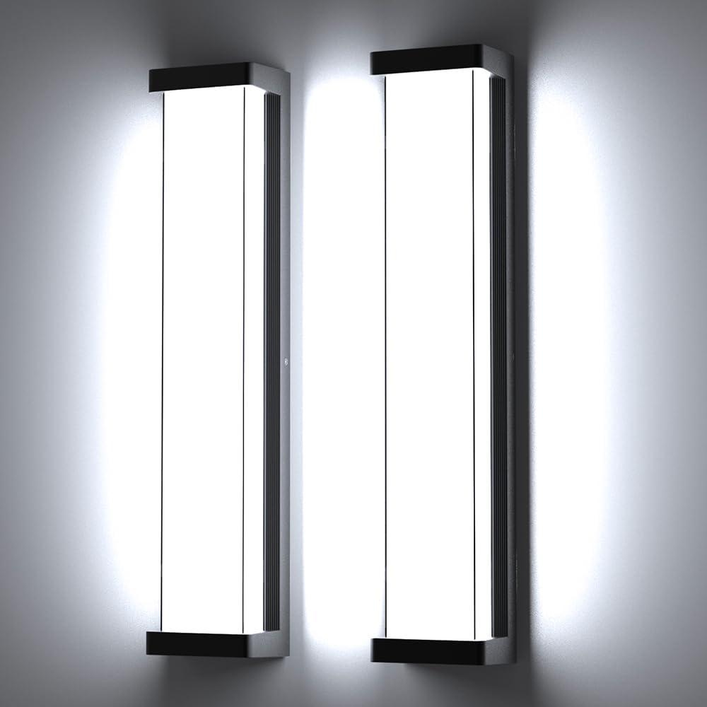 23.6in Outdoor Wall Lights 2Packs,10%-100% Dimming LED Modern Patio Wall Light Fixture, Black Exterior Sconce for Garage Courtyard Commercial House(6000K) (24in Square 2Packs, Cold White 6000k)