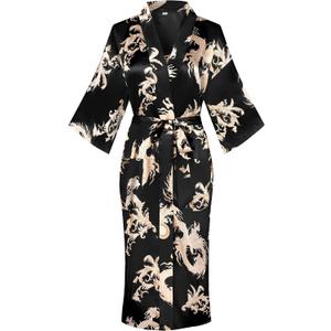 Women's Floral/Patterned Silky Kimono Robes Long Satin Bathrobes Sleepwear Loungewear, Large