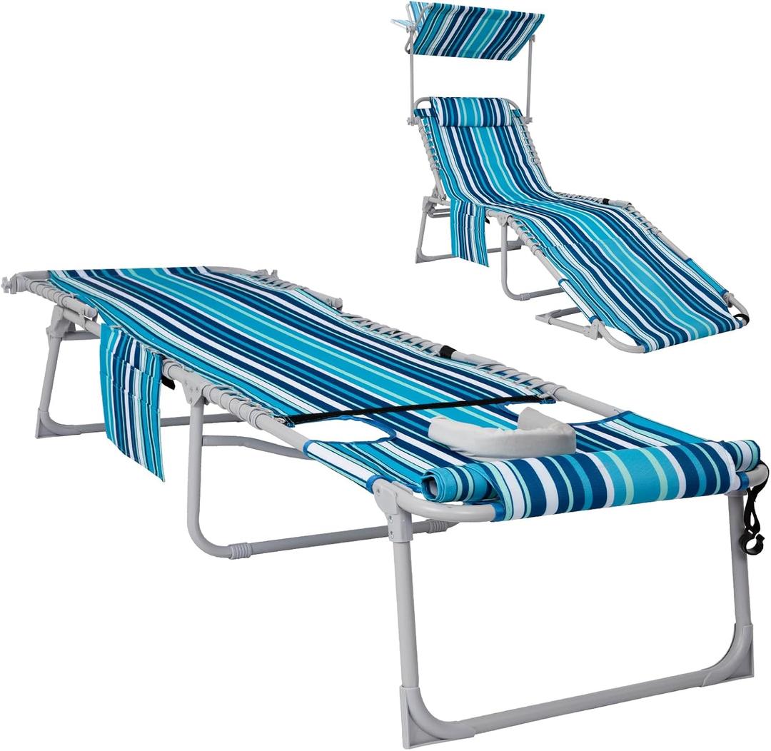 #WEJOY 3 in 1 Tanning Chair with Face Hole & Canopy, 300 lbs Heavy Duty 5 Positions Folding Face Down Lounge Chairs Outdoor with Pillow & Storage Bag Portable for Pool Beach Lawn Camping (Bluestrips), Oversized