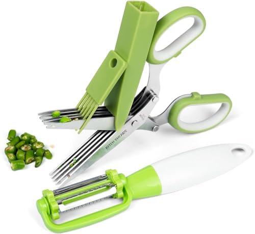 Pack Of 2 KitchShears Herb Scissors with 5 Blades and Cover - Premium Quality Stainless-Steel Herb Cutter for Kitchen & Garden Herbs - With safety Cover Cleaning Comb & Peeler - Dishwasher Safe & Easy to Clean