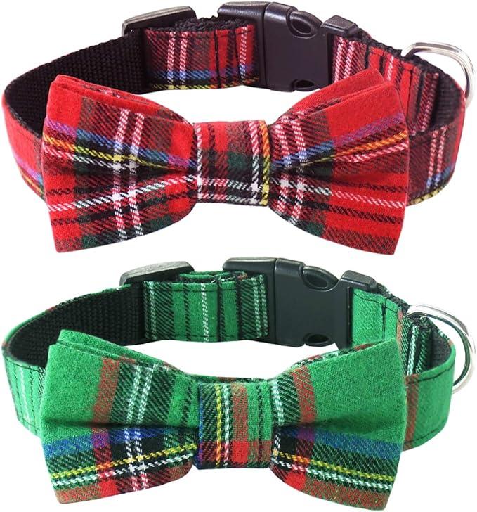 Malier Dog Collar with Bow tie Christmas Classic Plaid Dog Collar with Light Adjustable Buckle Suitable for Small Medium Large Dogs Cats Pets - M