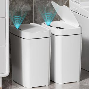 2 Pack 2.7 Gal Bathroom Trash Can with Lid, Automatic Trash Can Small Smart Garbage Can Touchless, Slim Motion Sensor Waterproof Plastic Trash Bins for Bedroom Office Kitchen Toilet (2.7 Gal, White)