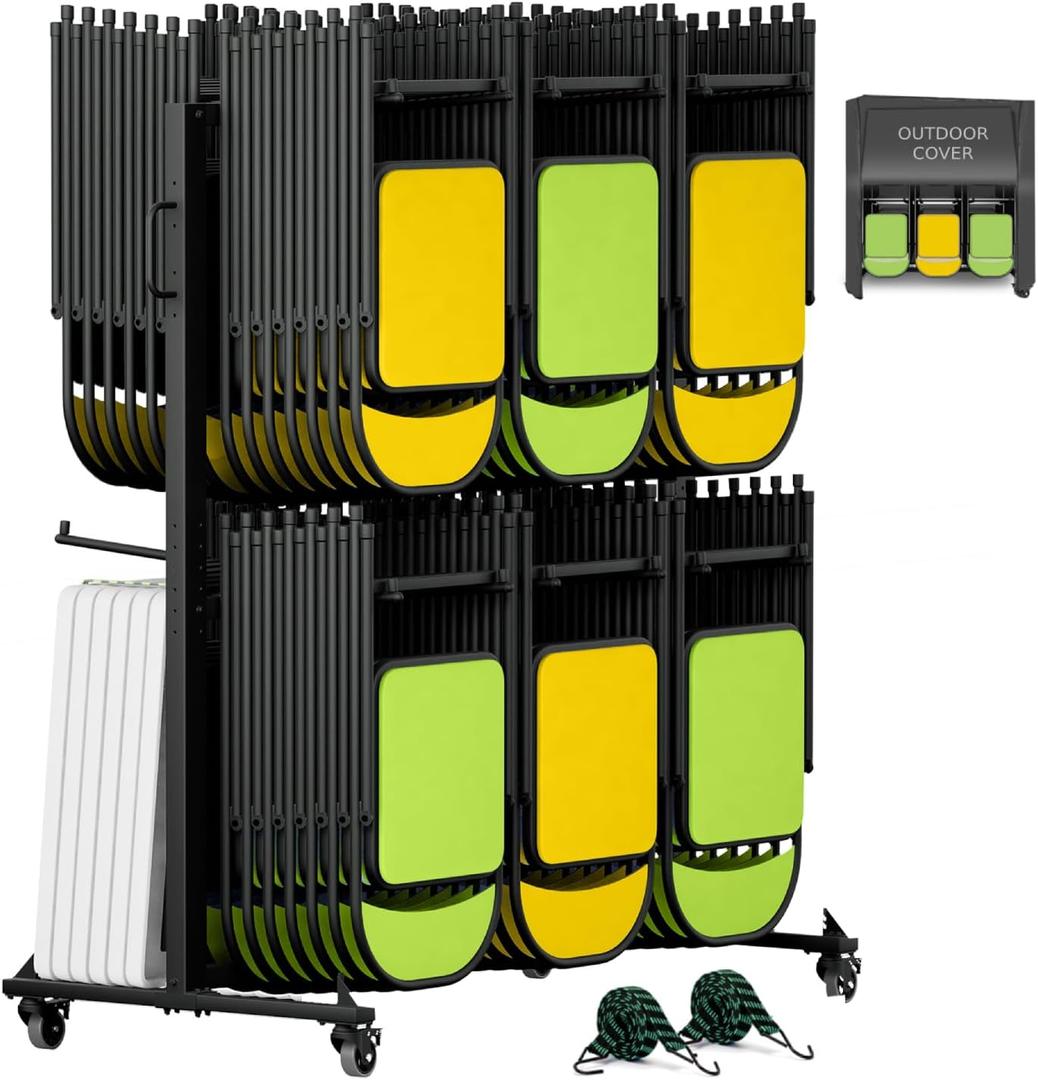 Folding Chair Rack Folding Chair Cart Storage Dolly with Wheels and Holder | Fits 84 Chair or 42 Chairs & 12 Tables 800 LBS Capacity Height Adjustable Includes Weatherproof Cover