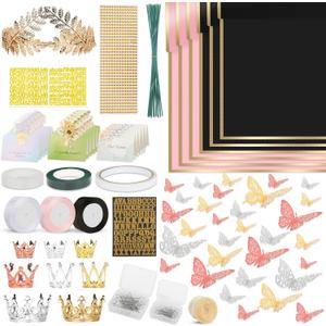 260Pcs Flower Bouquet Wrapping Paper Kit, 60 Sheets Waterproof Paper, 36 Butterflies, 8 Crowns, 1 Headband, 4 Ribbons, 15 Cards, 100 Diamond Pins, 30 Floral Wire, 3 Stickers, 3 Tapes (Black & Pink) (260 Pieces Set)