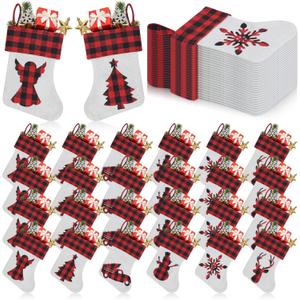 24 Pack Mini Christmas Stockings, 7.8 Inch Red and Black Buffalo Plaid Xmas Hanging Stockings with Different Christmas Patterns for Xmas Party Tree Fireplace Decorations