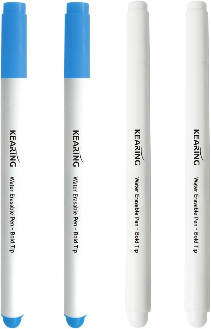 KEARING Erasable Marker Set, Disappearing ink for Fabric Embroidery, Air/Water Erasable Marker (Water-Erasable(2*Blue+2*White))