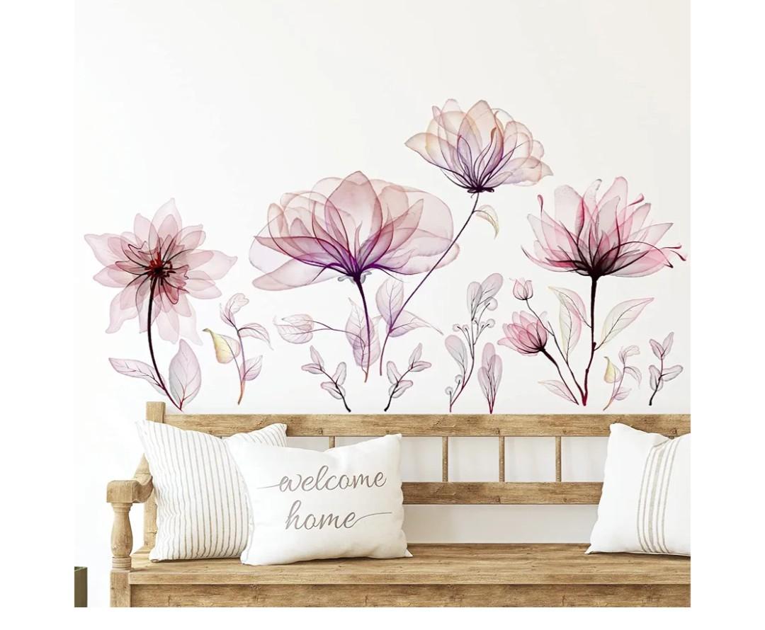 onon 6 Pcs Flowers Wall Decals Stickers Vinyl Removable Peel and Stick Colorful Dragonflies Floral Wall Murals Decor for Bedroom Living Room Nursery(Pink Flower)
