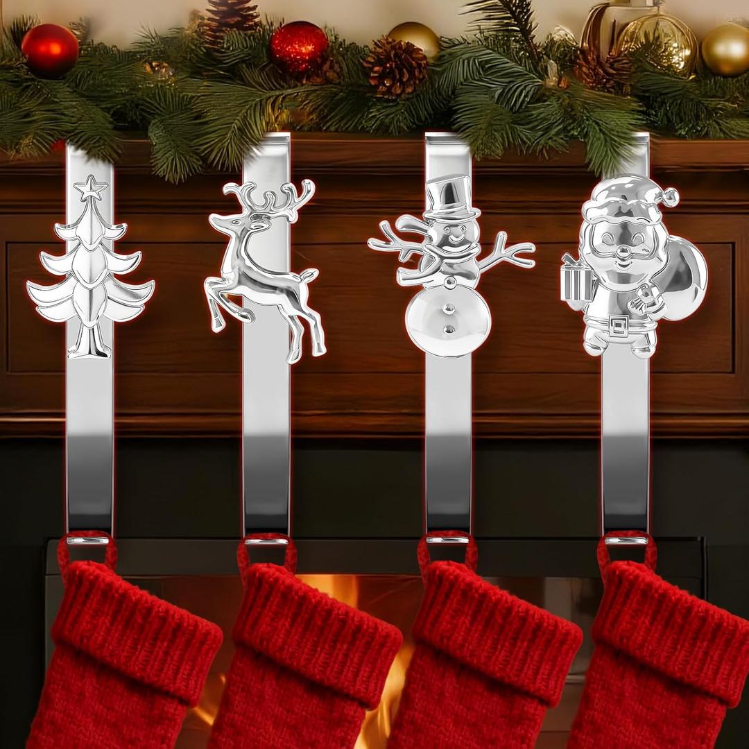 ANOEPUY Stocking Holders for Mantel, 4 PCS Mantle Garland HangerSnowman, Reindeer, Christmas Tree and Father Christmas Designs, with Non-Slip Base Hooks, Silver