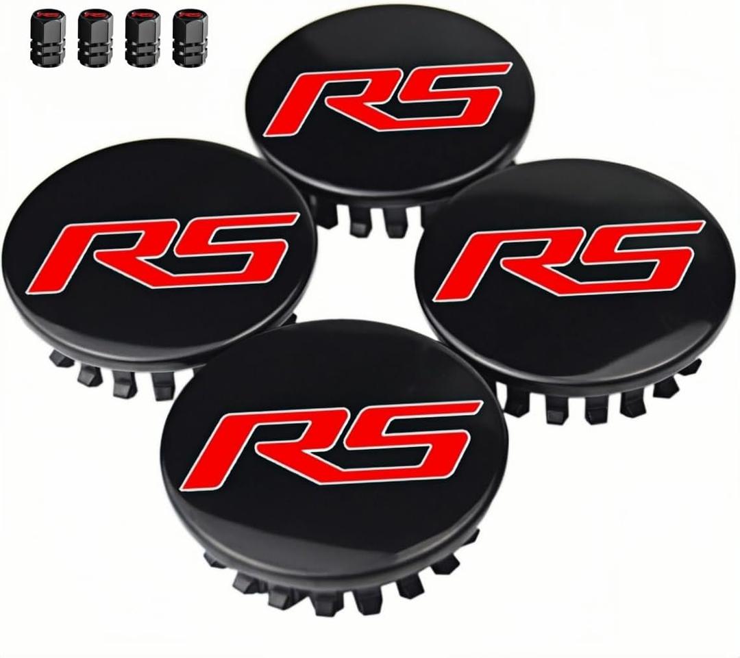 4PCS RS Wheel Center Cap Hub Cover and 4PCS RS Tire Valve Caps Compatible with Camaro Equinox Cruze Malibu Trax 59mm (RS-1)