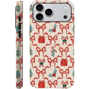 Case Compatible with iPhone 17 Pro Max - Hybrid Durable Shockproof Phone Cover,Cases for Woman Girl - Red Green Christmas Scroll Bow