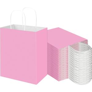 Toovip 100 Pack 8x4.75x10 Inch Medium Light Pink Kraft Paper Bags with Handles Bulk, Gift Wrap Bags for Favors Grocery Retail Party Birthday Shopping Business Goody Craft Merchandise Take Out Sacks