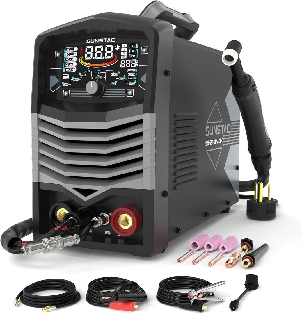 250A AC/DC Aluminum TIG Welder with Pulse, 110V/220V Dual Voltage TIG Welding Machine with DC TIG/AC TIG/Pulse TIG/SPOT TIG/Stick (GET YOUR FREE ADAPTER)