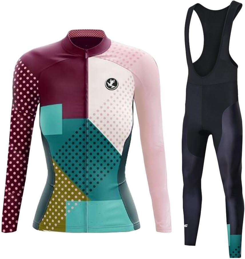 UGLY FROG Winter Cycling Jersey Sets Women Long Sleeve,Bicycle Biking Bike Shirts with Pockets+Long Bib Tight (Large, Wzrt 04)