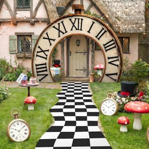 Preboun Wonderland Clock Party Decorations Clock Door Banner Black White Checkered Aisle Runner Tea Party Decoration Hanging Timepiece Backdrop Photo Props Background for Newborn Fairytale Birthday
