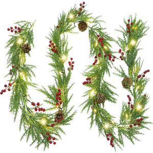 Lulu Home 9FT Pre-lit Christmas Garland, 30 LEDs Xmas Lighted Garland with Pinecones Red Berries, Battery Operated Garland with Timer for Fireplace Balcony Railing Fence Decoration