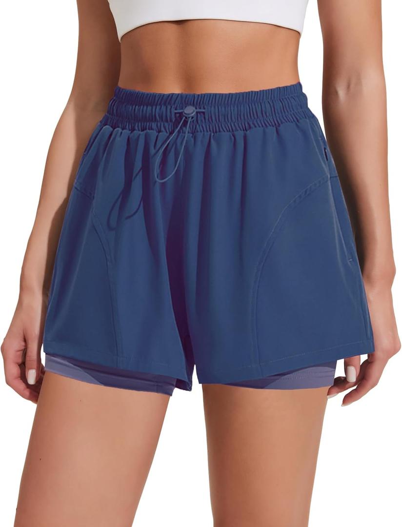 PINSPARK Athletic Shorts for Women High Waisted Workout Short 2 in 1 Running Shorts Gym Shorts with Zipper Pockets,Medium