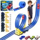 Flexible Race Track for Kids 3-5 Year Old, 15ft Flex Car Tracks for Toddlers with 2 Pull-Back Cars & 2 Alloy Cars, Portable Roll Up Racing Car Tracks, Birthday for Boys Girls