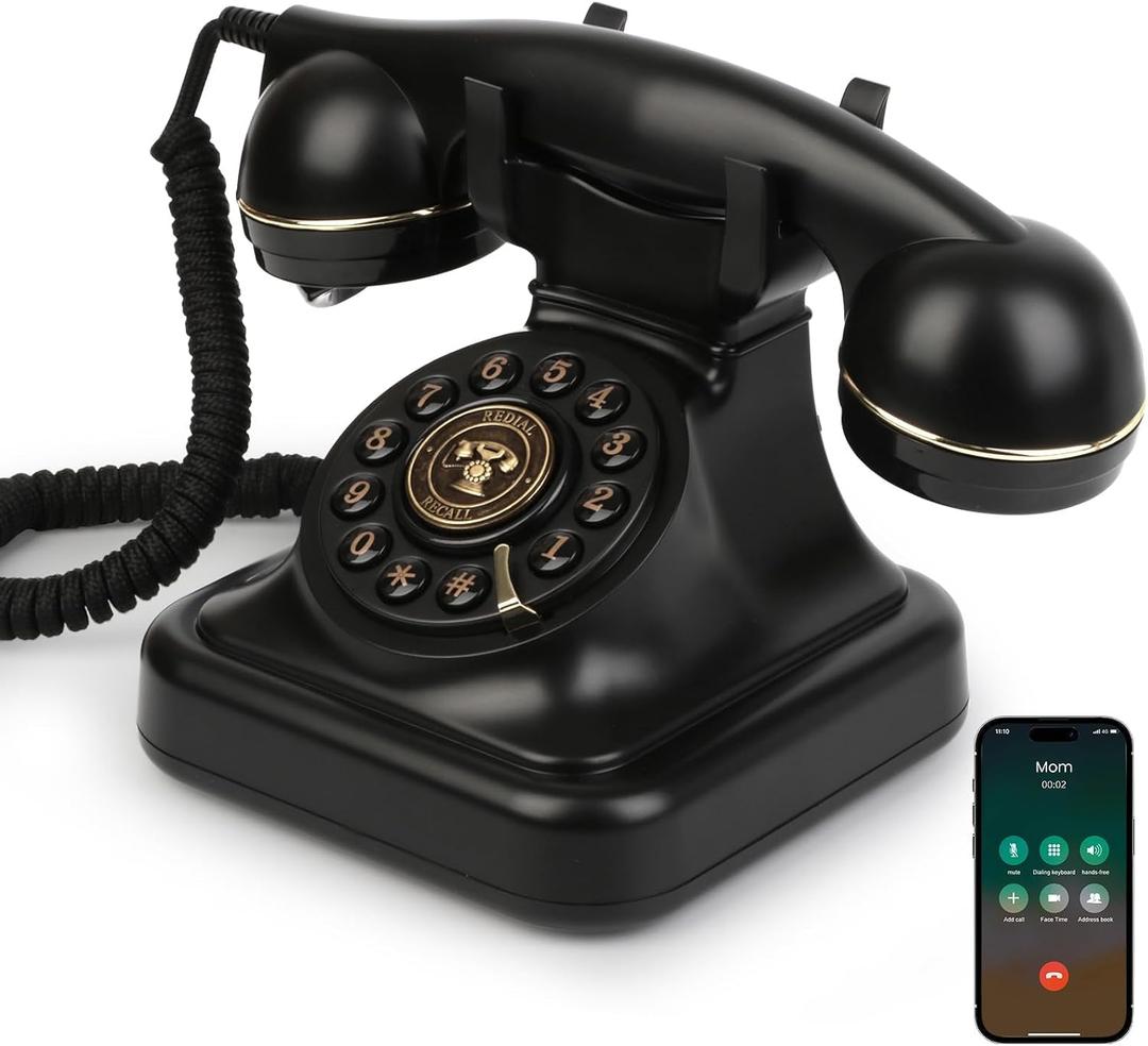 Bluetooth Retro Phone with Speakerphone, Bluetooth Landline Telephone, Bluetooth Home Phone with USB Rechargeable Power, Hands-Free Calling & Music Playback, Black