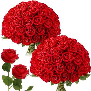 50 Pcs Artificial Silk Roses Bulk with Long Stem,Red