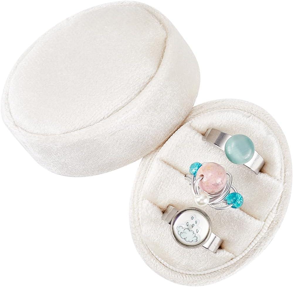 GORGECFAFT Premium Wedding Three Rings Holder Italian Velvet Display Box Oval Ring Box 3 Slots Vintage Handmade Storage Jewelry Organizer for Proposal Engagement Wedding Ceremony Christmas (Beige) (Floral White)