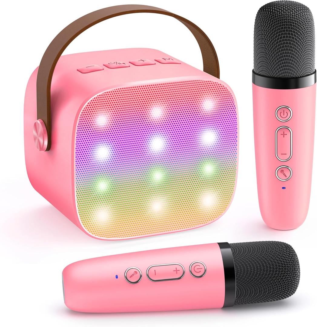 Mini Karaoke Machine for Kids Adults, Portable Speaker with 2 Wireless Microphones, 2025 Top Christmas Toys Birthday Gifts for Girls 3, 4, 5, 6, 7, 8, 9, 10, 12+ Years Old Toddler grandkids (Rose)