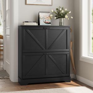 Smart FENDEE Shoe Cabinet, Shoe Storage Cabinet for Entryway with 2 Flip Drawers, Narrow Farmhouse Shoe Organizer Cabinet, Slim Shoe Rack Cabinet, 31.5in Black