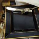 N9R 50 Guest Black and Gold Dinnerware Set, Black Square Plastic Plates with Gold Rim, 50 forks, 50 Spoons, 50 Knives, 50 Cups, 50 Napkins-Disposable Dinnerware Set for Wedding