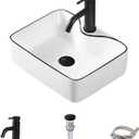 Small Bathroom Sink Rectangle, 16"x12" Ceramic Bathroom Vessel Sink with Tap and Drain Combo Modern White Small Vessel Sink Art Basin with Black Trim