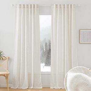RYB HOME Semi Sheer Curtains - Linen Blend Privacy Curtains Sheer Window Treatment Drapes Farmhouse Decor for Bedroom Living Room Sliding Glass Door, 52 inch Wide x 95 inch Long 2 Panels, Linen