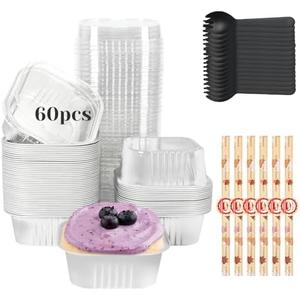 YQER 60 Pack 10oz Mini Cake Pans with Lids, Spoons, Stickers - Disposable Square Brownie Baking Cups - Individual Small Aluminum Foil Loaf Tins for Muffin, Ramekins, Cupcake - Catering, Gift, Sliver