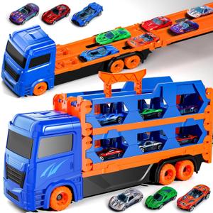 iHaHa Toddlers Truck Toys for 3 4 5 6 Years Old Boys, 6 Diecast Cars, Transport Truck Toys with 61 Inches Race Track for Boys Kids, Toddler Car Birthday Gift Toys Set for Kids Boys Girls