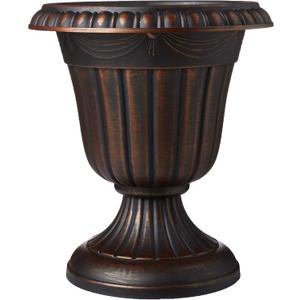 Arcadia Garden Products Small 10x12” Classic Traditional Plastic Urn Planter, Indoor/Outdoor Garden Plant Pot Garden Décor, Brushed Copper