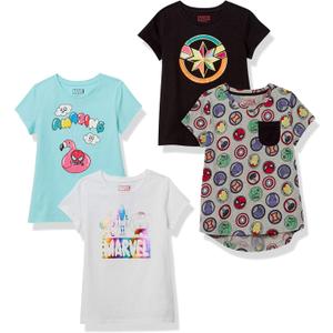 Amazon Essentials Disney | Marvel | Star Wars | Frozen | Princess Girls and Toddlers' Short-Sleeve T-Shirts, Multipacks (X-Large, Black/Blue/Grey/White Marvel Super Hero)