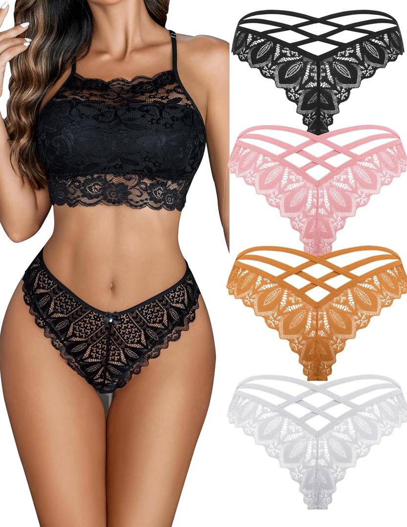 Avidlove Sexy Cheeky Panties for Women Lace Criss Cross Bikini Underwear 1-4 Pack (XX-Large, Black/White/Light Brown/Pink)