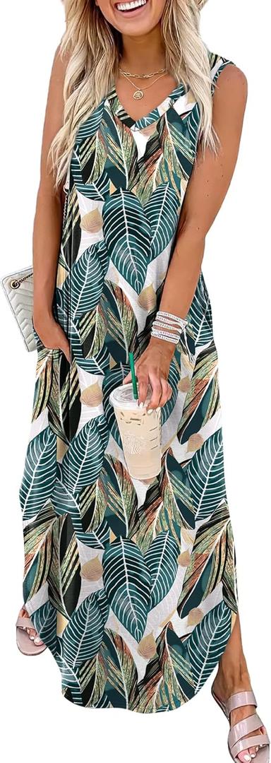 SAMPEEL Summer Dresses Maxi Dress Vacation Beach Sundresses 2025 with Pockets (Large, Floral Palm Leaf)