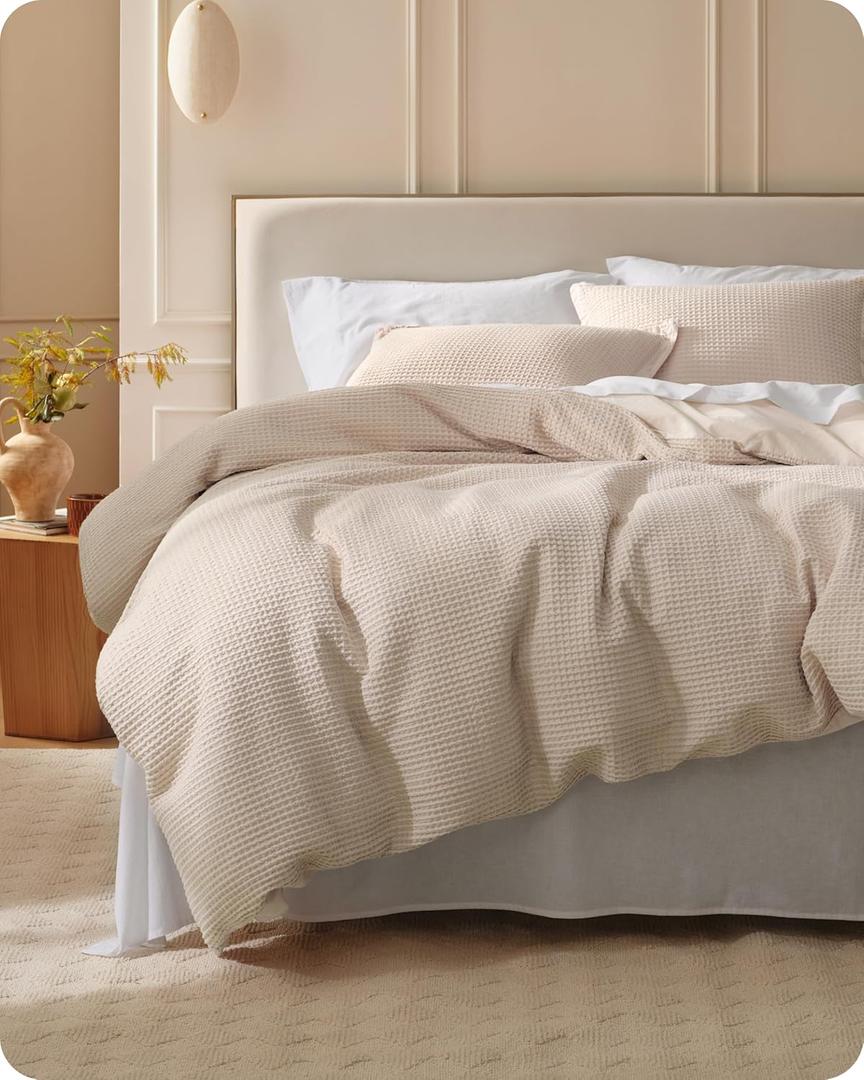 Bedsure Cotton Duvet Cover Set - 100% Cotton Waffle Weave Beige Duvet Cover California King, GentleSoft and Breathable Cal King Bedding Set for All Season, 3 Pieces, 104"x98"