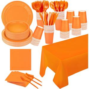 TWOWYHI 229PCS Orange Party Supplies Set Paper Disposable Plates Cups Plastic Spoons Forks Knives Orange Napkins for 30 Guests Disposable Party Dinnerware Sets for Wedding Birthday Parties