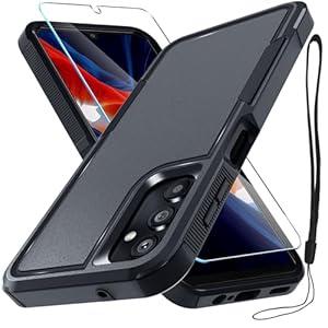 Samsung Galaxy A25 Case, Full Body Heavy Duty Rugged Shockproof Protective Phone Cover with Lanyard Strap, Tempered Glass Screen Protector, Black Matte
