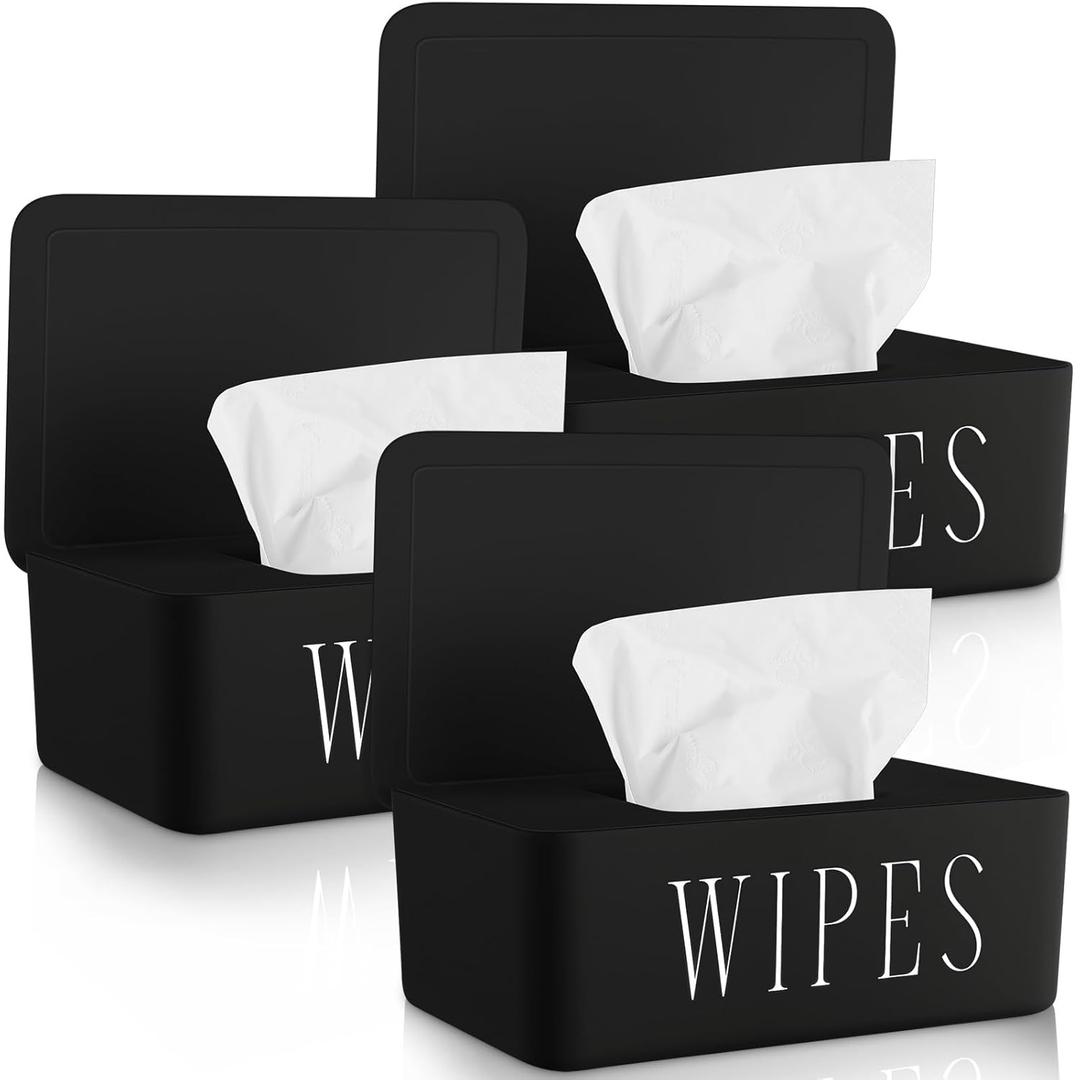 3 Pack Baby Wipes Dispenser Holder Wipe Container for Bathroom with Lid Toilet Tissue Paper Storage Refillable Box for Home Office Cars(Small,Black)